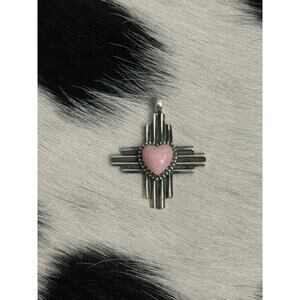 Native American Sterling Silver SW Pink Conch Heart Zia Cross Pendant